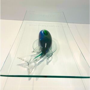 MANZONI Italy Art Glass Blue Fish Pedestal Glass Decoration Large Tray 14”